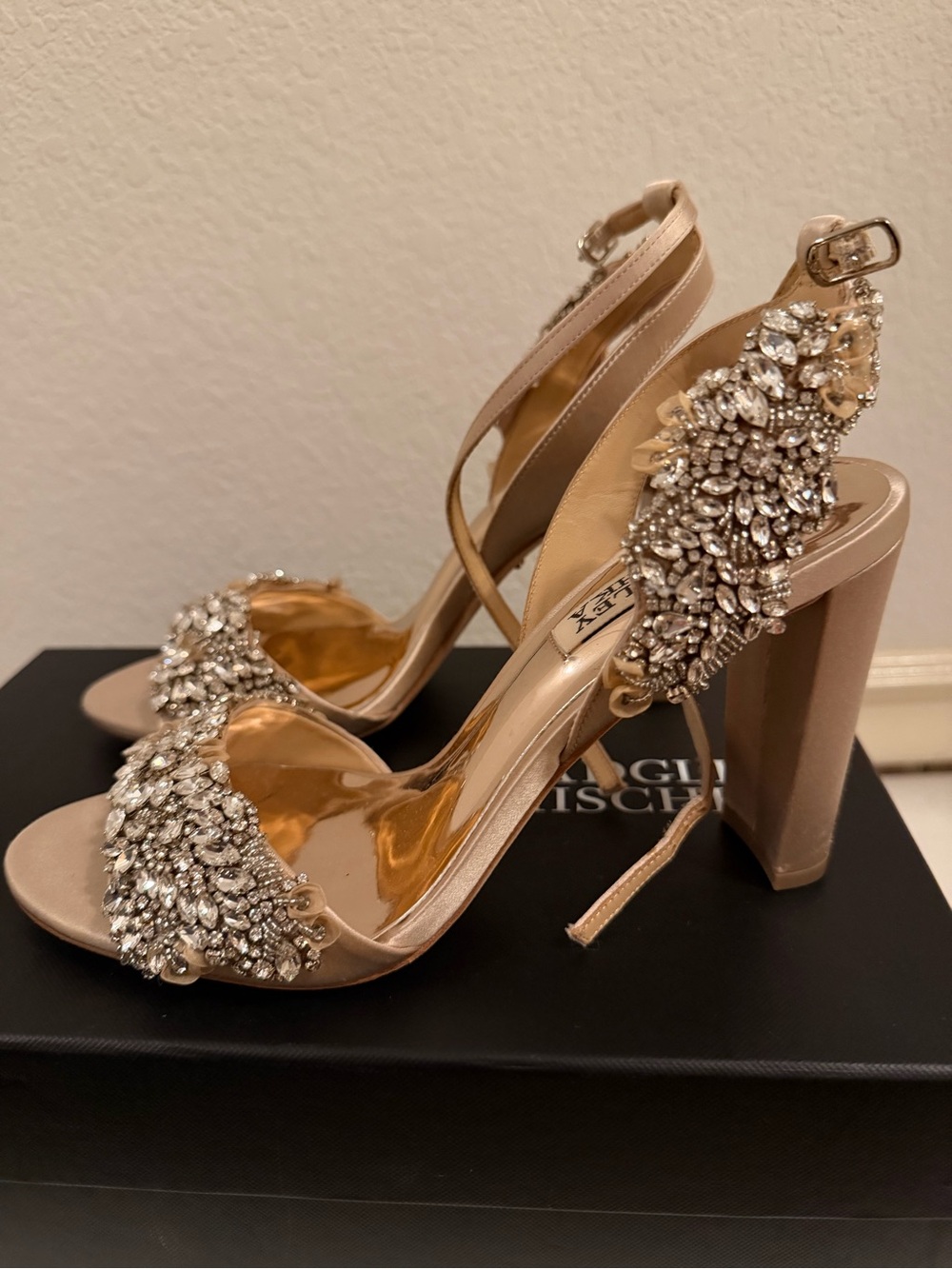 Badgley Mischka Crystal-Embellished Satin Block Heels - Champagne